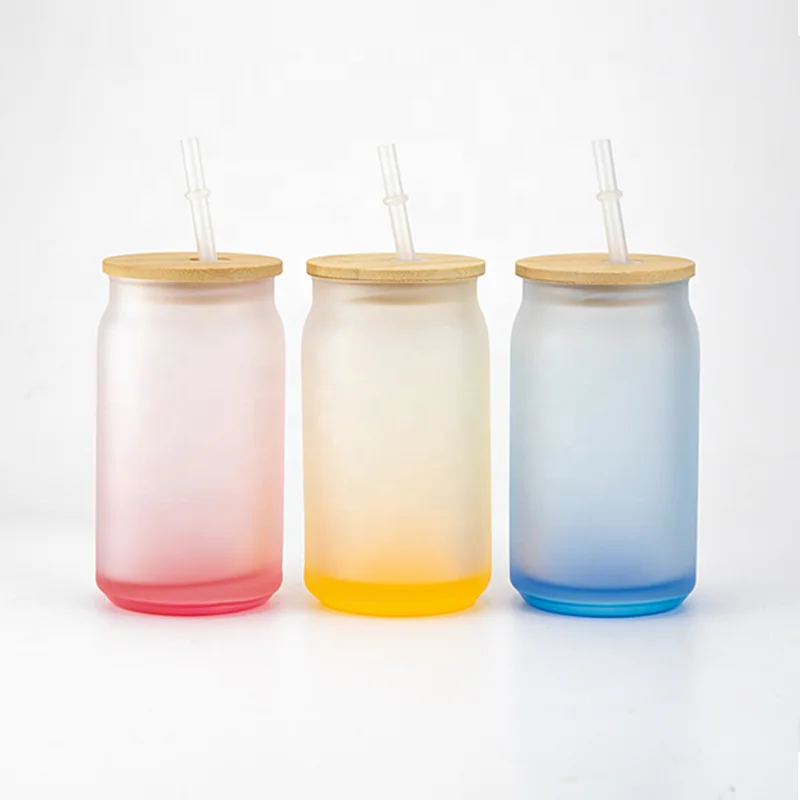 DIY Sublimation Gradient Frosted 16oz Mason Jar Beer Soda Can Glass Cup With Bamboo Lid and Plastic Straw
