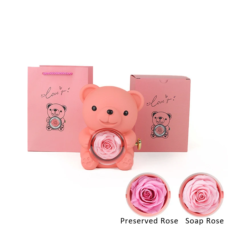 2024 New Eternal Real Rose Box Rotating Teddy Bear Ring Box With Preserved Roses Or Soap Roses For Valentine Day Gifts