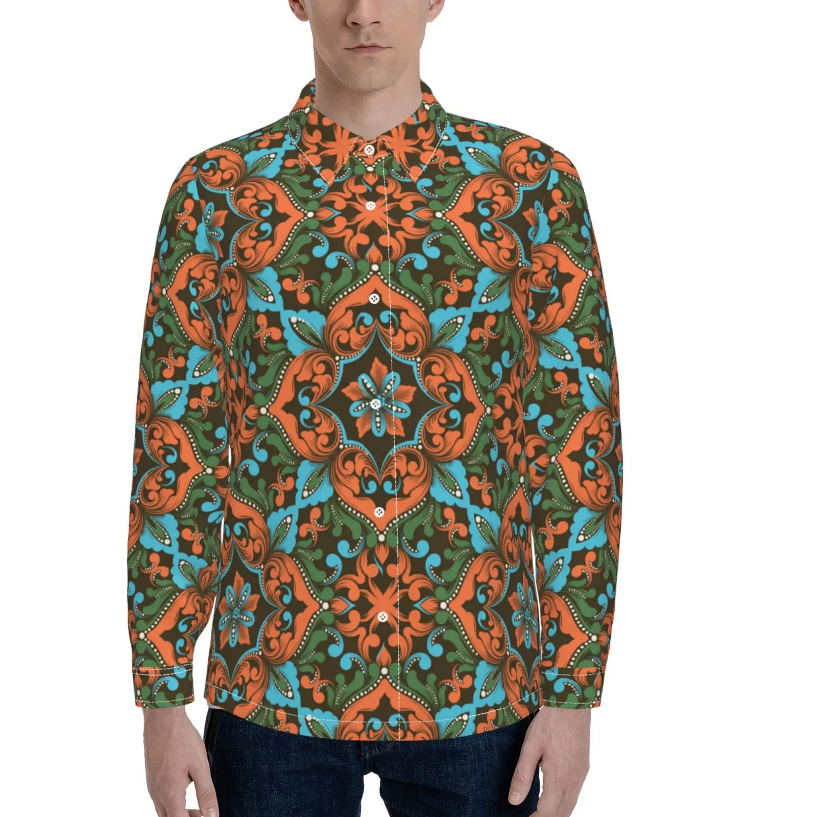 2022 Wholesale OEM Summer Custom Design Printed Vintage Pattern Casual Turndown Men Long Sleeve Shirts