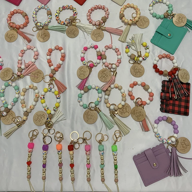 2024 Silicone Bead Bangle wood disc Key Ring Leather Credit Card Holder Tassel Bangle Keychain With Matching Wristlet Wallet