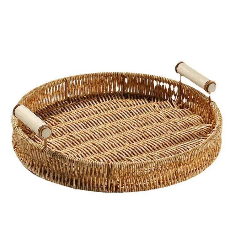 Handmade Round Woven PP Rattan Basket Wicker Picnic Basket Fruit Snacks Storage Tray with Handle