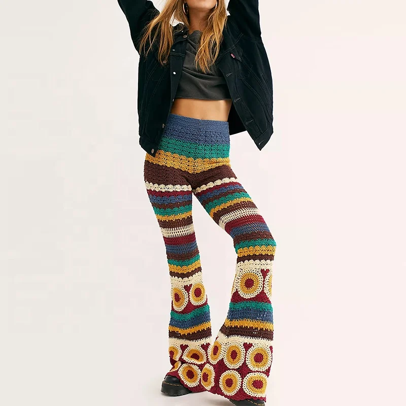Grandpa Crochet Flare Pants Effortless pull-on High-rise crochet spandex flare stripped women rainbow pants