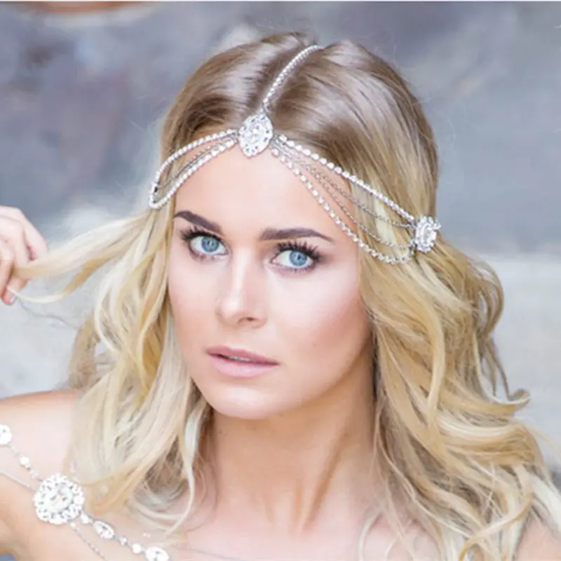 Bridal Headband Rhinestone Wedding Hair Chain Headpiece Accessories for Women Boho Forehead Head Chain Jewelry