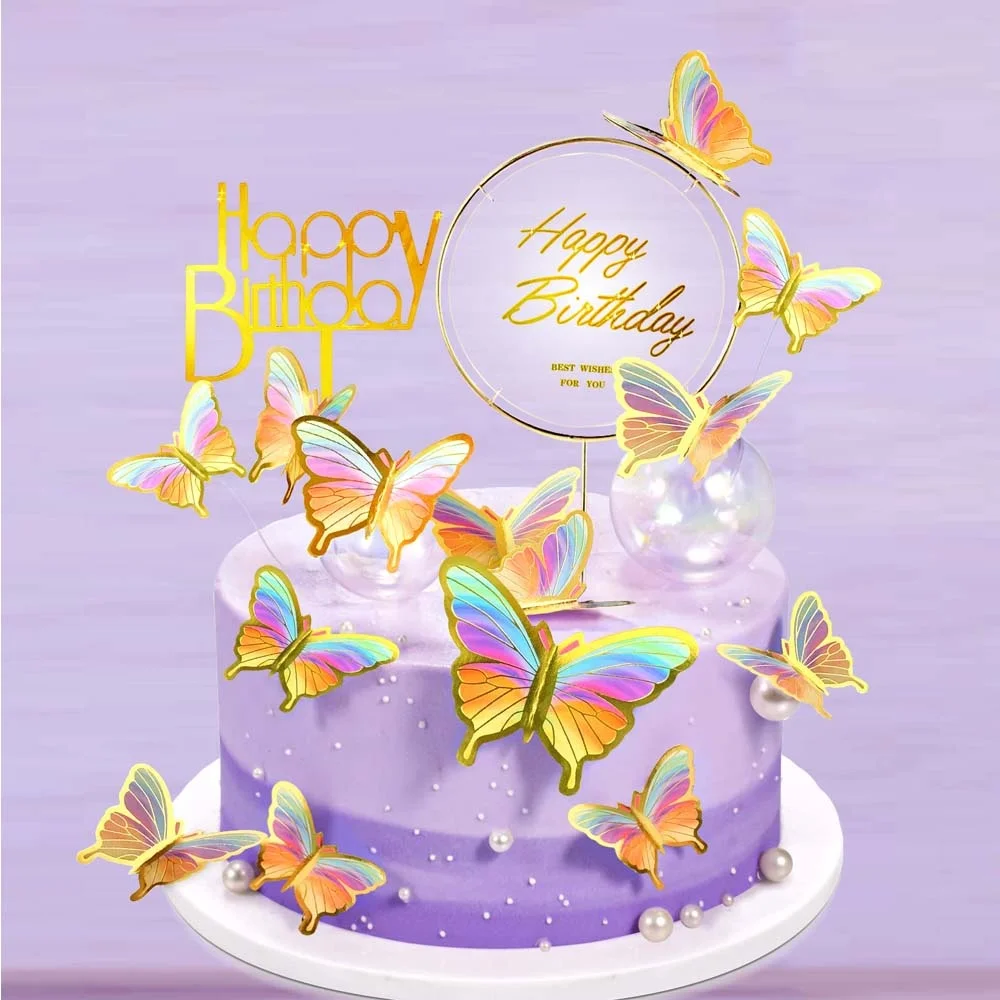 10 Pcs/Pack 3D Bronzing Butterfly Paper Cake Topper Toppers Decor for Wedding Birthday Holiday Party Cupcake Decoration Supplies