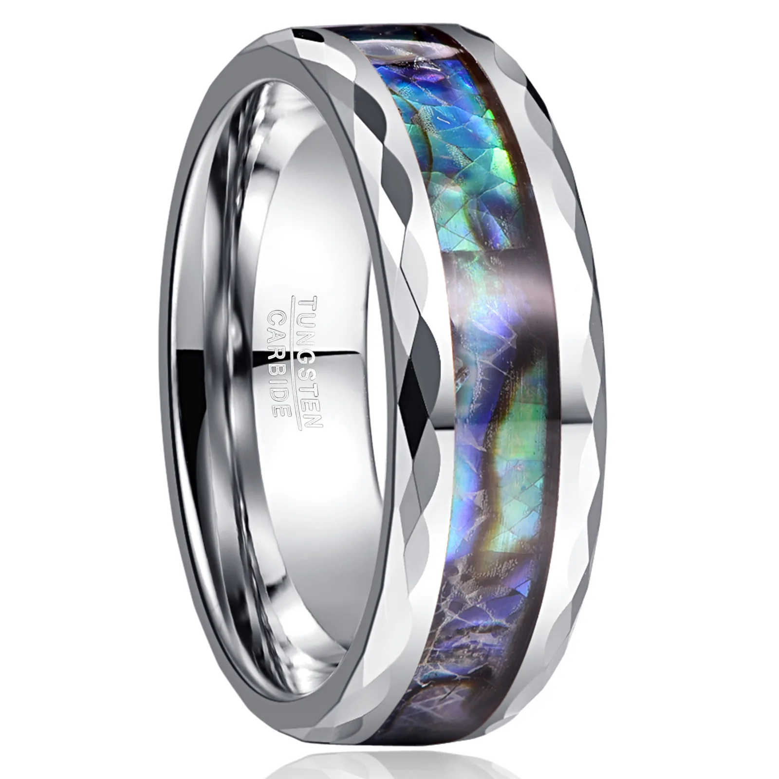 8mm Rose Gold Silver Black Hammered Tungsten Ring with Abalone Shell Inlay Mens Ring Engagement Wedding Ring Christian