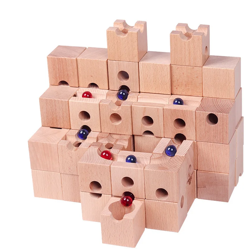 Wooden Rail Ball Building Blocks Set with Marbles  for Kids and Children Creative and Constructive STEM Toy