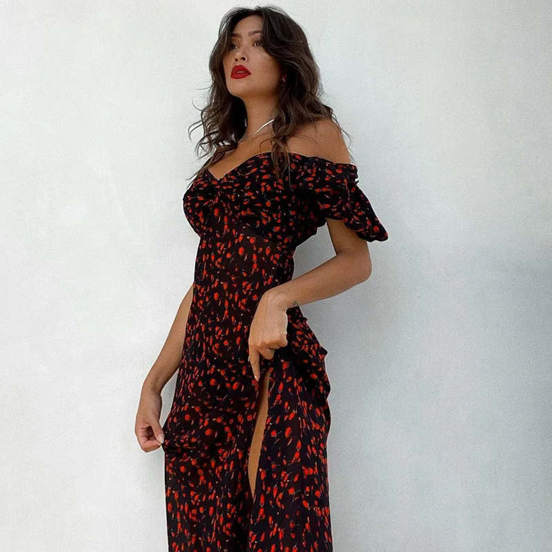 2021 Hot selling elegant loose woman dress high split lantern sleeve floral Sexy casual dress