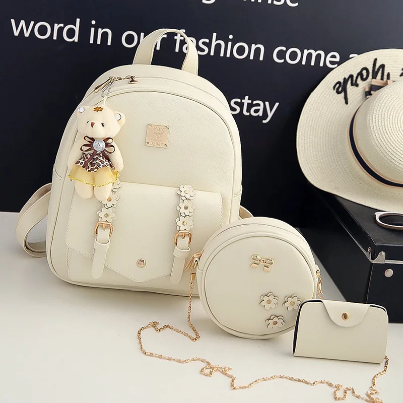 
Wholesale Fashion Waterproof PU Korean Large Capacity Backpack 3 Piece Set Schoolbag with Bear Pendant Girls Handbag 