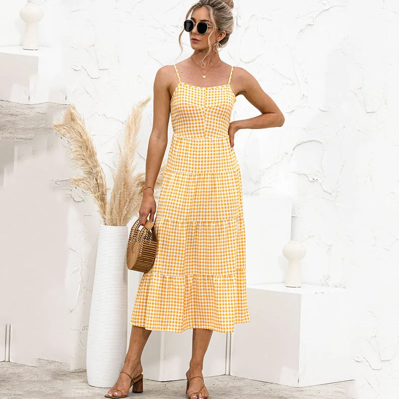 Plaid A Line Square Neck Checked Tiered Skirt Panel Open Back with Self Tie Detail Gingham Midi Dress