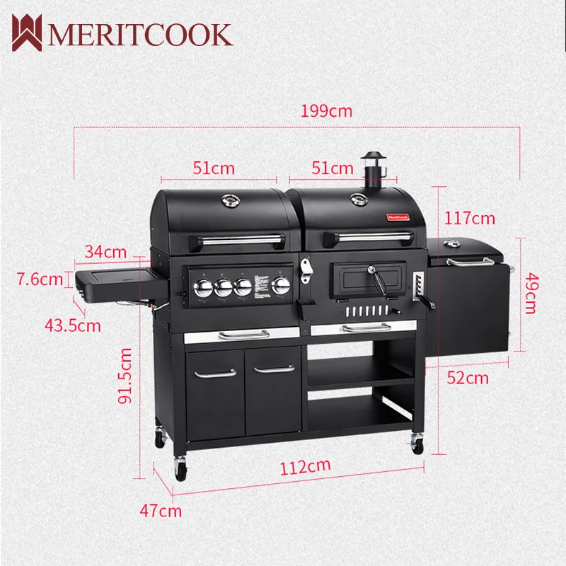 Уличный большой газовый и угольный гриль, сверхмощная тележка для барбекю, Бездымная комбинированная Коммерческая барбекю гриль для барбекю