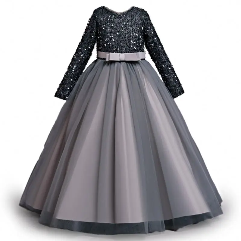Western style gorgeous princess gown for girls  green long sleeve Sequin big girl party dresses girl party dresses for 12Y