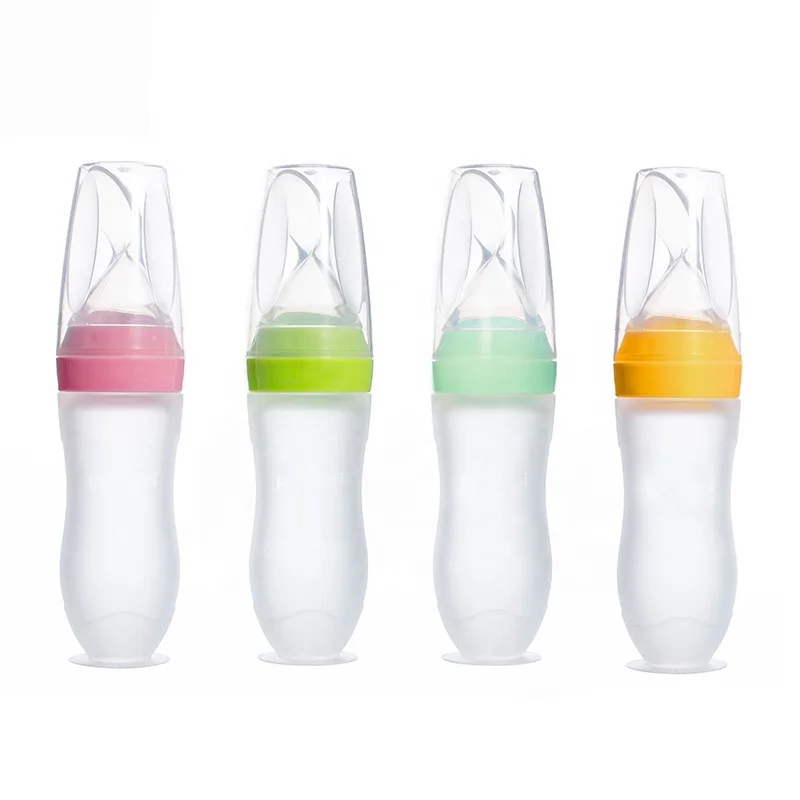 Wholesale 90ml silicone new born baby feeding bottles set Rice Paste baby squeeze feeding spoon silicone bottle