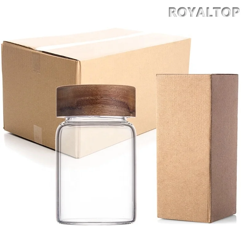 kitchen food canister container 180ml 500ml 1750ml airtight acacia wood lid borosilicate glass storage jars with custom logo