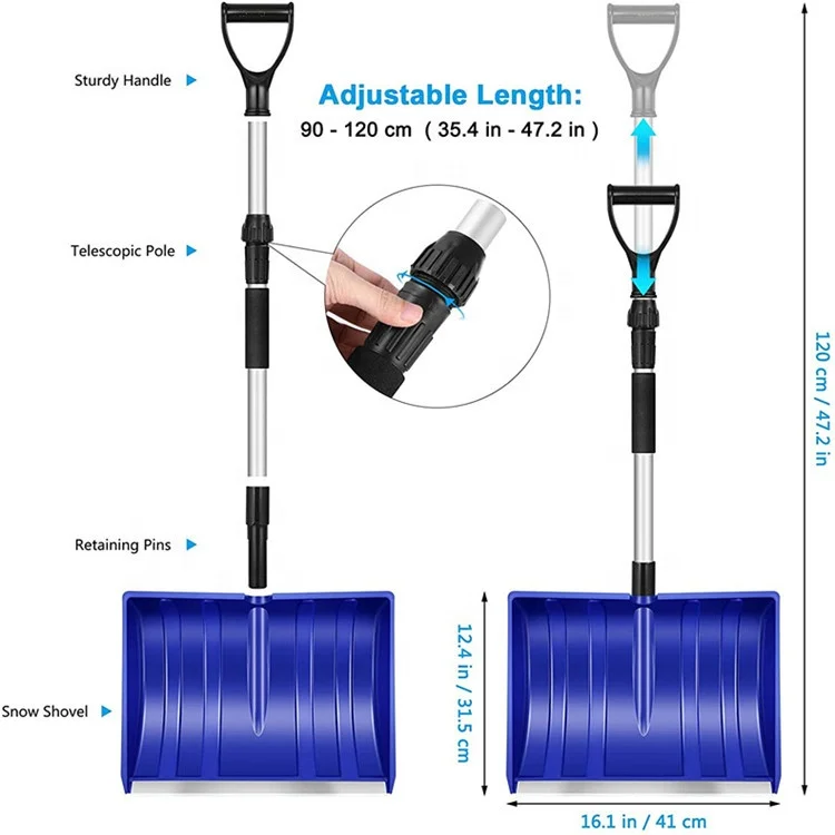High quality snow shovel pusher garden tool set snow shovel plastic blade with adjustable aluminum handle