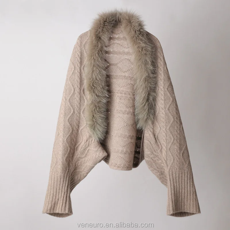 
Inner Mongolian lamb fur fashion women 100% cashmere fox fur knitted cappa women cardigan 