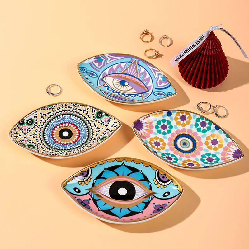 ZC Europe Ceramic Evil Eye Plates Decoration Crafts for home Trinket Small Ring jewelry display dish Decorative Trays