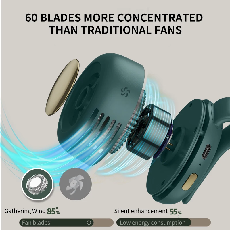 2024 New Fashion Portable Leafless 360 Adjust Mini Fan Custom Colorful Small Rechargeable Wearable Cooling Mini Fan