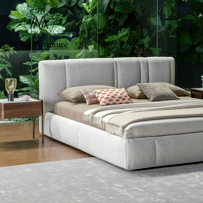 Italian modern stylist furniture white Linen fabric bedroom King size bed Double upholstered bed Hotel Loft queen bed frame