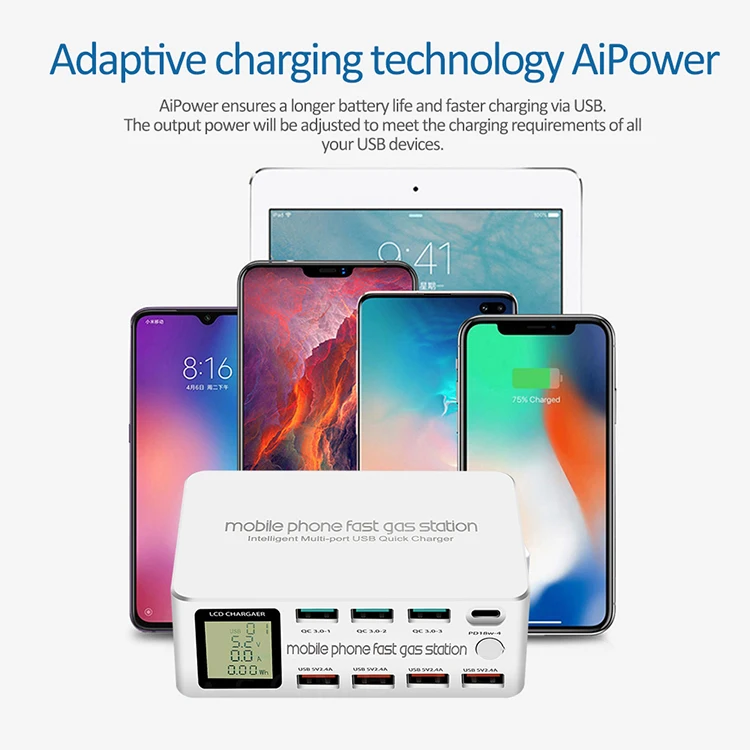 
8 Ports 100W USB-C PD QC3.0 Smart Charger Multi Ports Mobile Phone Charger Laptop Desktop Fast Charger 