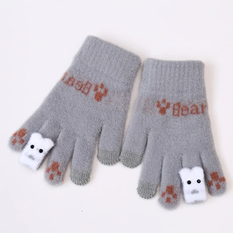 New Winter Warm Knit Gloves for Women Cute Bear Five Fingers Touch Screen Gloves Female Made of Soft Cashmere Wool