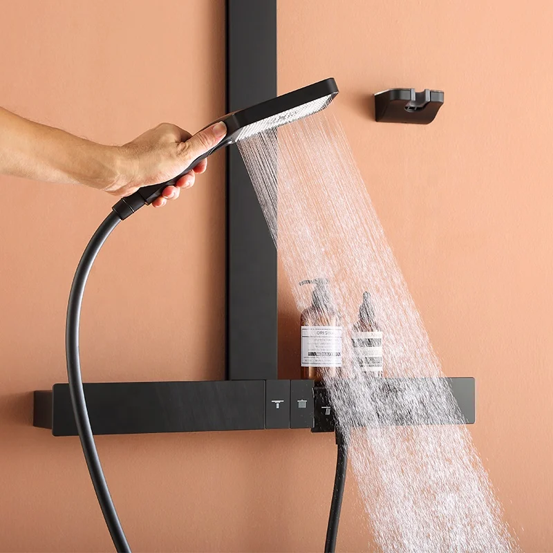 Factory stock brass black piano keys Wall mounted multifunctional thermostatic rainfall  bath shower faucets