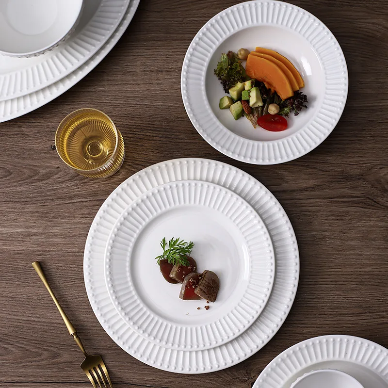 Nordic Minimalist  Household Restaurant Hotel White Porcelain Tableware Set Plate Dish Ceramic White Embossed Dinnerware Set