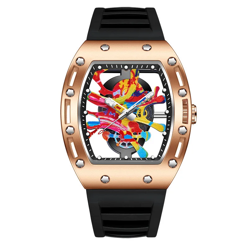 Sports Watch for Men Colored Hip Hop Dial Silicone Strap Stainless Steel Case Fashion Quartz Wristwatch Waterproof 3bar