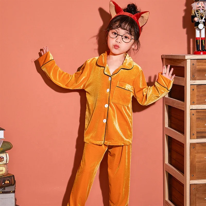 Wholesale Long Sleeves Velvet Kids Girl Pajamas Turn Down Collar With Pocket Children Boy Sleepwear Outfits