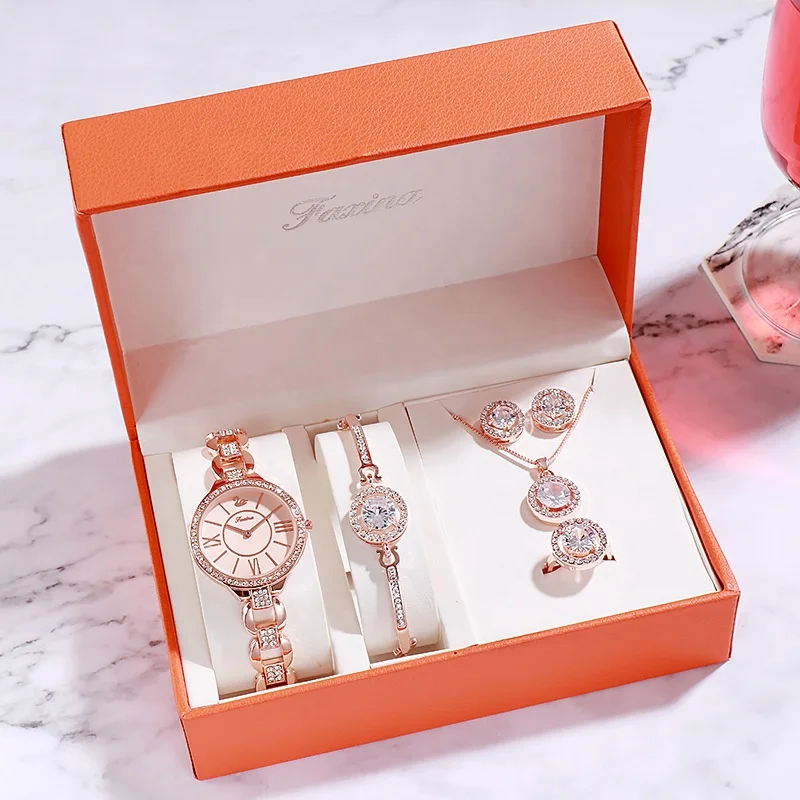 
5-piece bridal jewelry set watch necklace earrings diamond ladies 24k gold Dubai jewelry set 