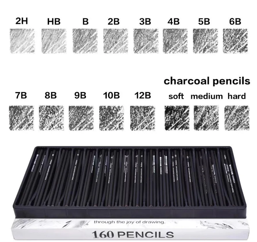 160 pcs Professional Sketch Pencil 2H HB B 2B 3B 4B 5B 6B 7B 8B 9B 10B 12B Charcoal Soft Medium Hard Brutfuner Pencils Set