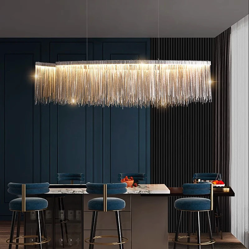 Modern design nordic modern wavy tassel aluminum silver metal chain hotel led linear chandelier pendant light