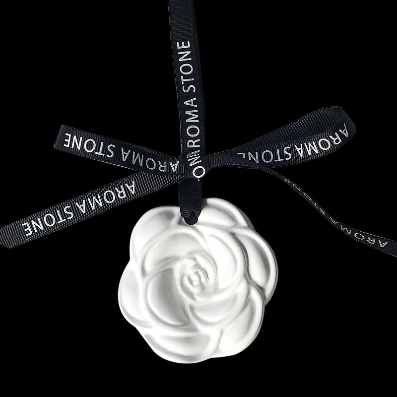 Camellia Round Custom Ceramic Fragrance Diatomite Scented Plaster Aroma Stone with Ribbon