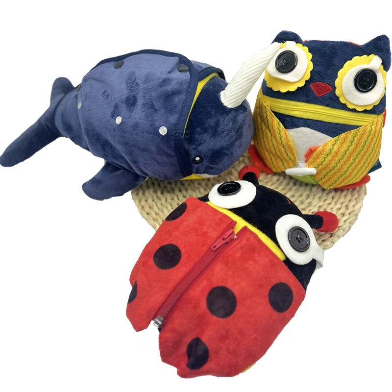 Kids Funny Hands-on Training Stuffed Animal Plush Toys Whale Owl Beetle Zipper Botton Puzzle Dolls for Newborn Baby Boy Girl