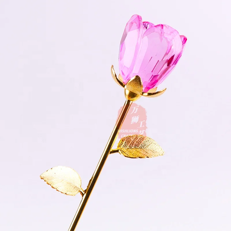 Factory Price Gold Crystal Glass Rose Pink Elegant Crystal Rose Gifts Color Glass Flower Decoration For Living Room CWG-99H300
