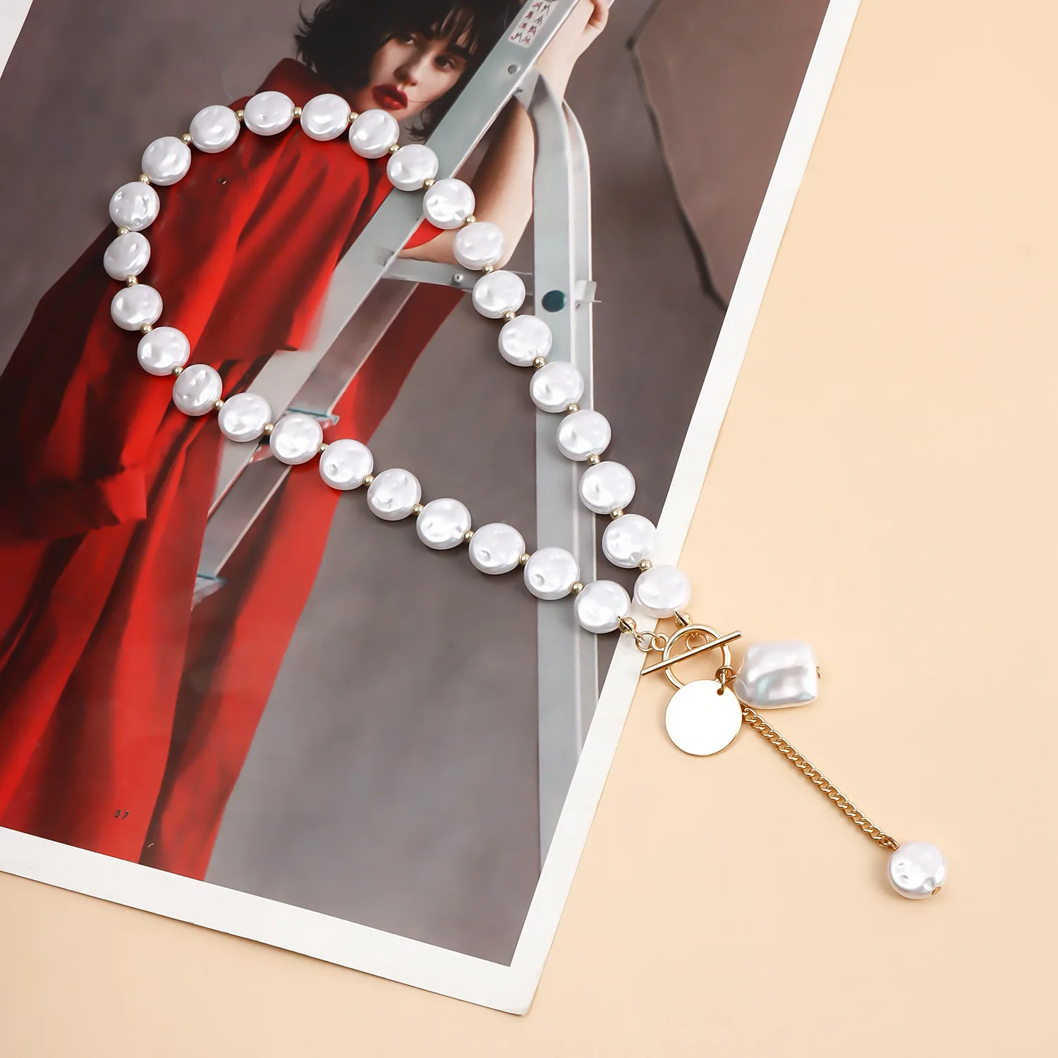 GEERDENG New Arrival Dainty 18k Gold Plated Flat Pearl Tassel Necklace OT Buckle Necklaces for Women