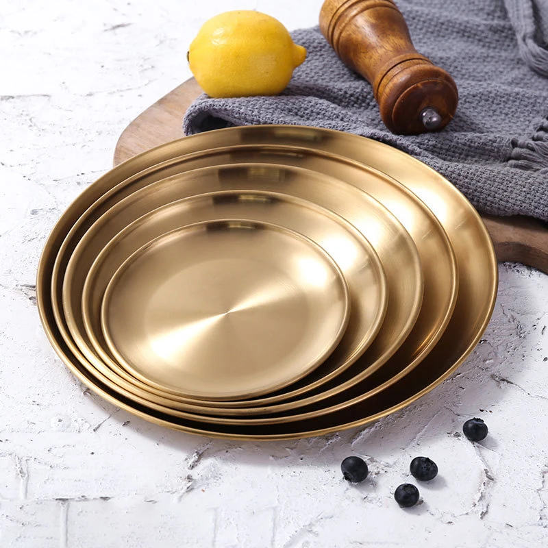 Wholesale Korean Modern Style Barbecue Dinner Plate Luxury Gold Stainless Steel Dish Plates For Wedding Party