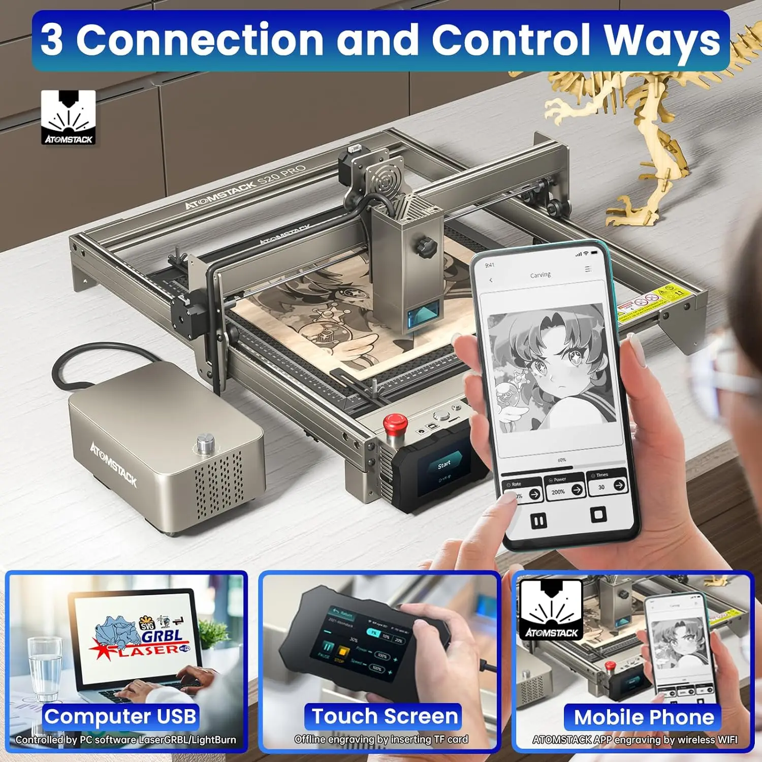 Atomstack S20 X20 A20 Pro Laser Engraving Machine 20W Laser Cutter DIY Limit Switch Offline App Engraver For Wood Metal Acrylic