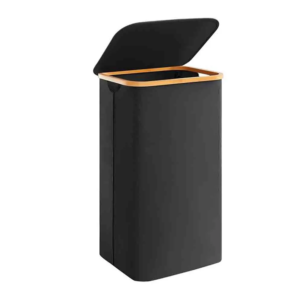 Foldable laundry basket 100L high, with bamboo handle and lid, large bamboo handle, independent foldable with shelf