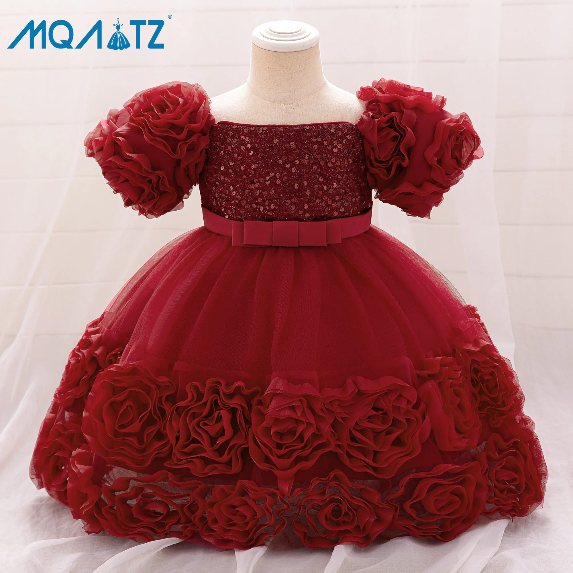 MQATZ  New style girls appliqued princess one-year-old dress flower girl dress puff sleeve rose dress L2283XZ