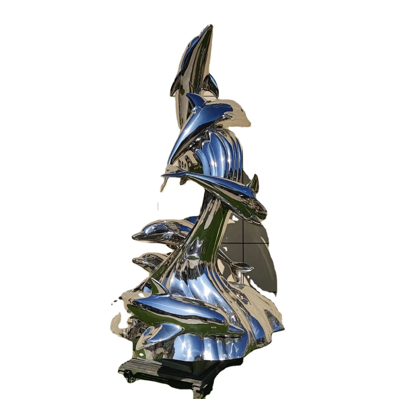 Outdoor Artwork Stainless Steel Dolphin Sculpture Bright Surface Metal Swimming Dolphin Statue