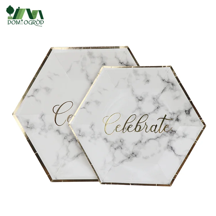 2021 Food Grade Disposable  Hexagon Elegant Design  8 inches Paper Plate for Party Dinner Dish 22 pcs Bronzing Marble and Letter
