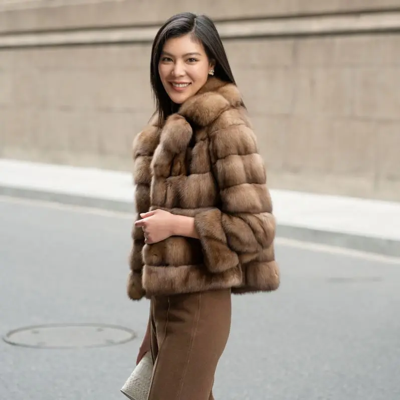 Luxury Smooth Classic Primary Color Real Sable Lapel Fur Coat Winter Long Sleeve Fur Jacket For Women