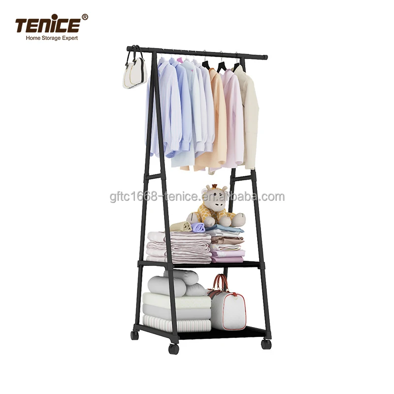 Tenice Small Clothing Rack with Shelves and Wheels, Hanging Clothes Laundry Hanging Rack Rolling Coat Rack, for Bedroom, Laundry