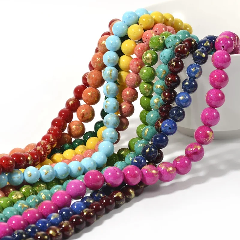 Cliobeads wholesale natural stone 6mm 8mm Gold Foil Dyed Jade Round Gemstone loose Beads For Jewelry Making