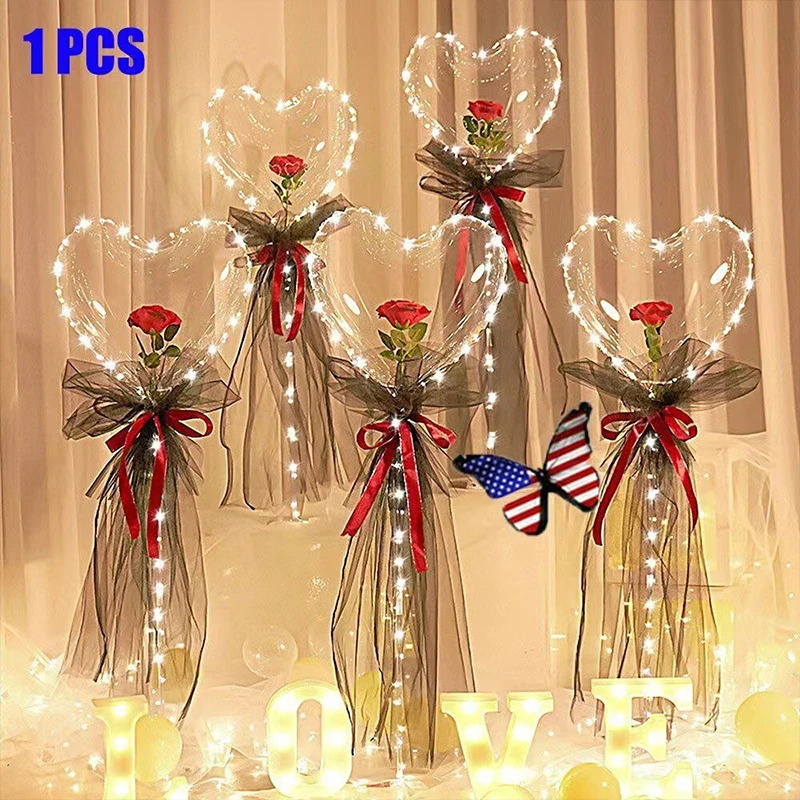 Wholesale LED Heart Rose transparent  bobo balloon Glow Rose flower  Bundle Balloon