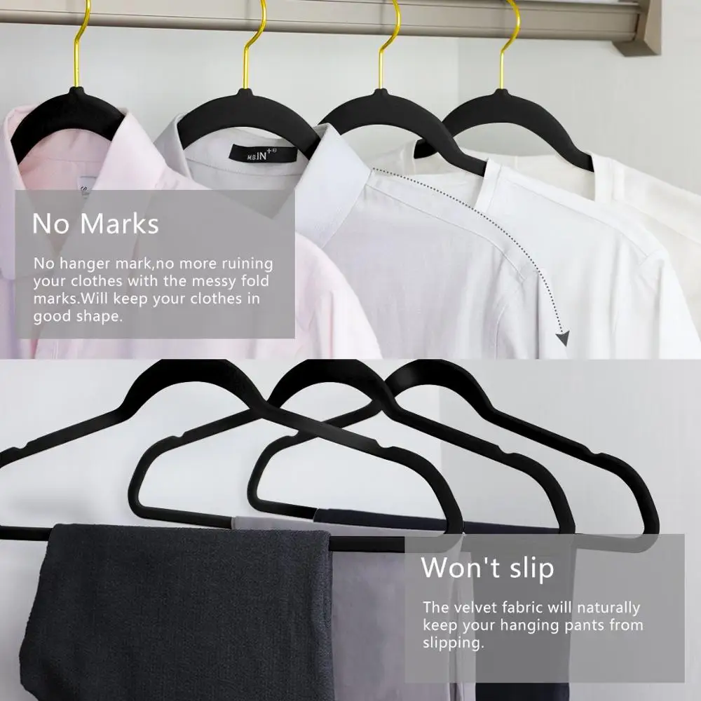 Wholesale Custom Anti Slip Black Velvet Clothes Hangers With Gold Hook