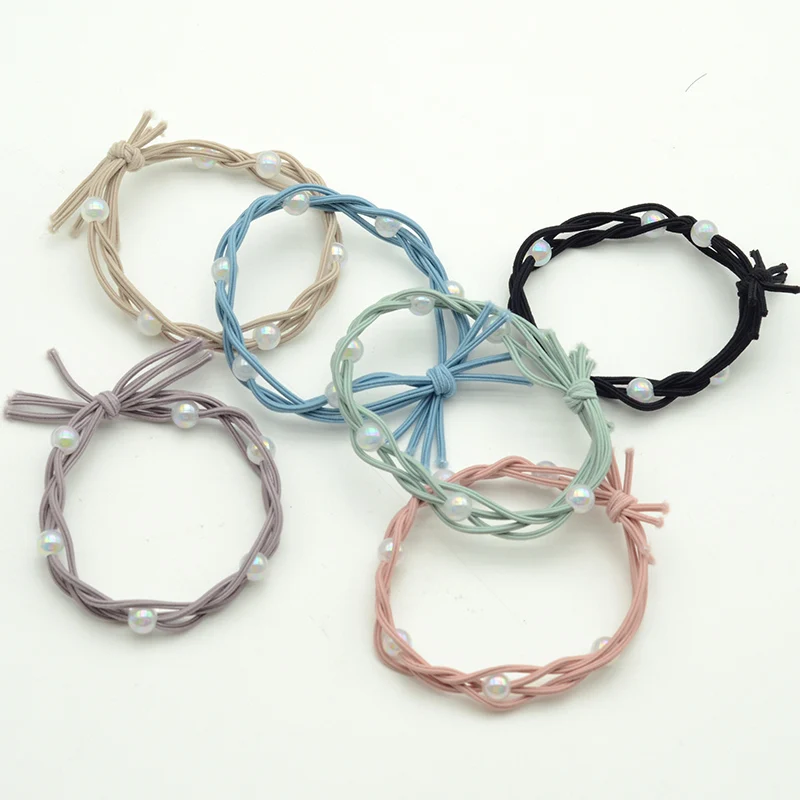 Four Cords Crochet Elastic Hair Bands with White AB Pearl Beads Elasticity Hair Ties Women Scrunchies Ponytail Holders