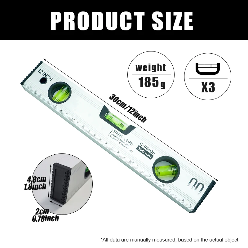 3 Spirit Bubble Shockproof Top Vial Alloy Frame 12Inch Magnetic Level Torpedo Level