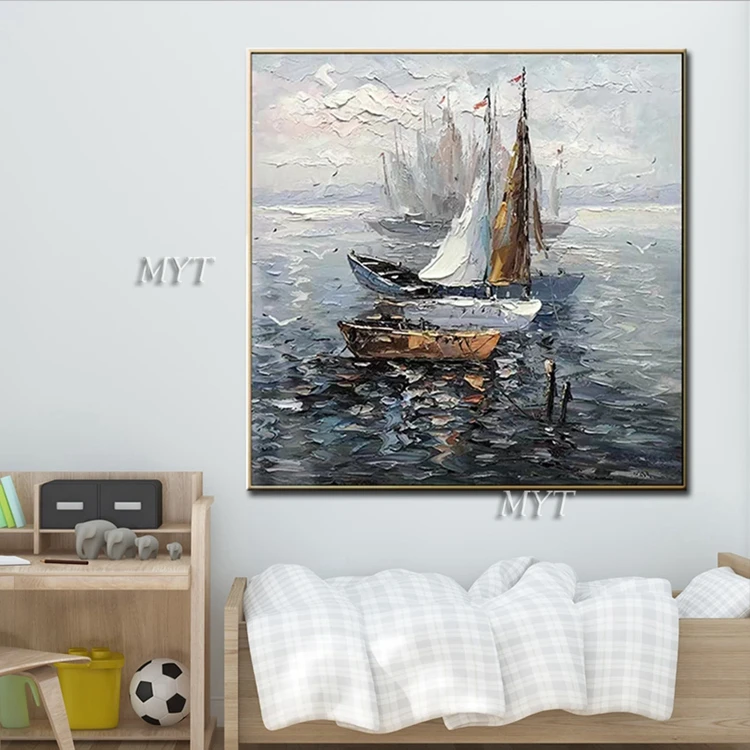 Latest Wall Paintings Picture Art Handmade Canvas Seascape Boat Oil Painting For Home