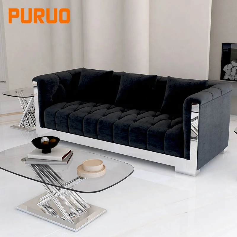 PURUO sofa set luxury home furniture italian leather black fabric 3 seater sofas